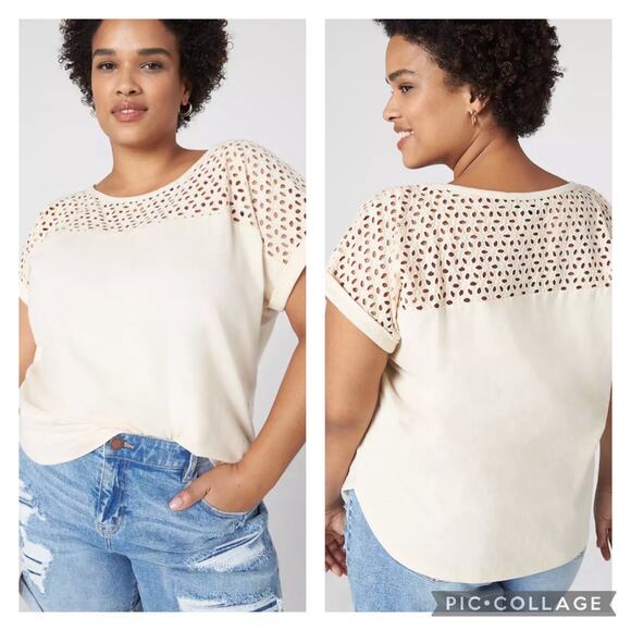 Lane Bryant Tops - Lane Bryant Cream Cap Sleeve Eyelet Lace Yoke Top Plus Size 22/24